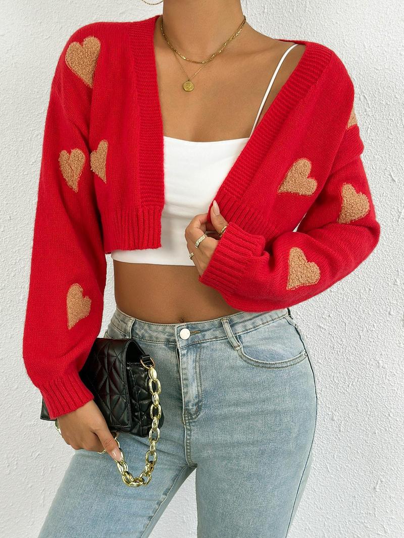 Women's Cartoon Print Drop Shoulder Cardigan, Casual Long Sleeve Open Front Knitwear for Fall, Valentine's Day Gift for Girl, Women's Knit Clothing for Daily Wear