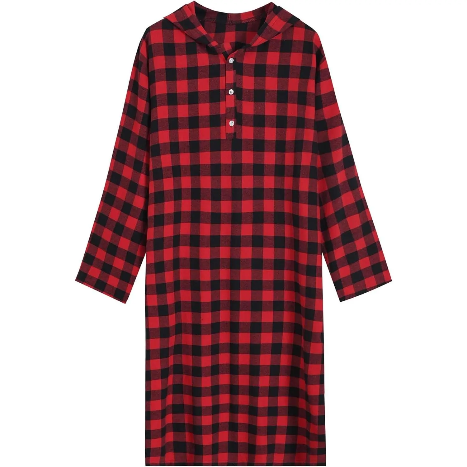 Men's Classic Plaid Cotton Flannel Hooded Long-Sleeve Sleep Shirt - Soft, Loose, Casual Loungewear with Pockets, Comfortable Fabric for Nighttime Use