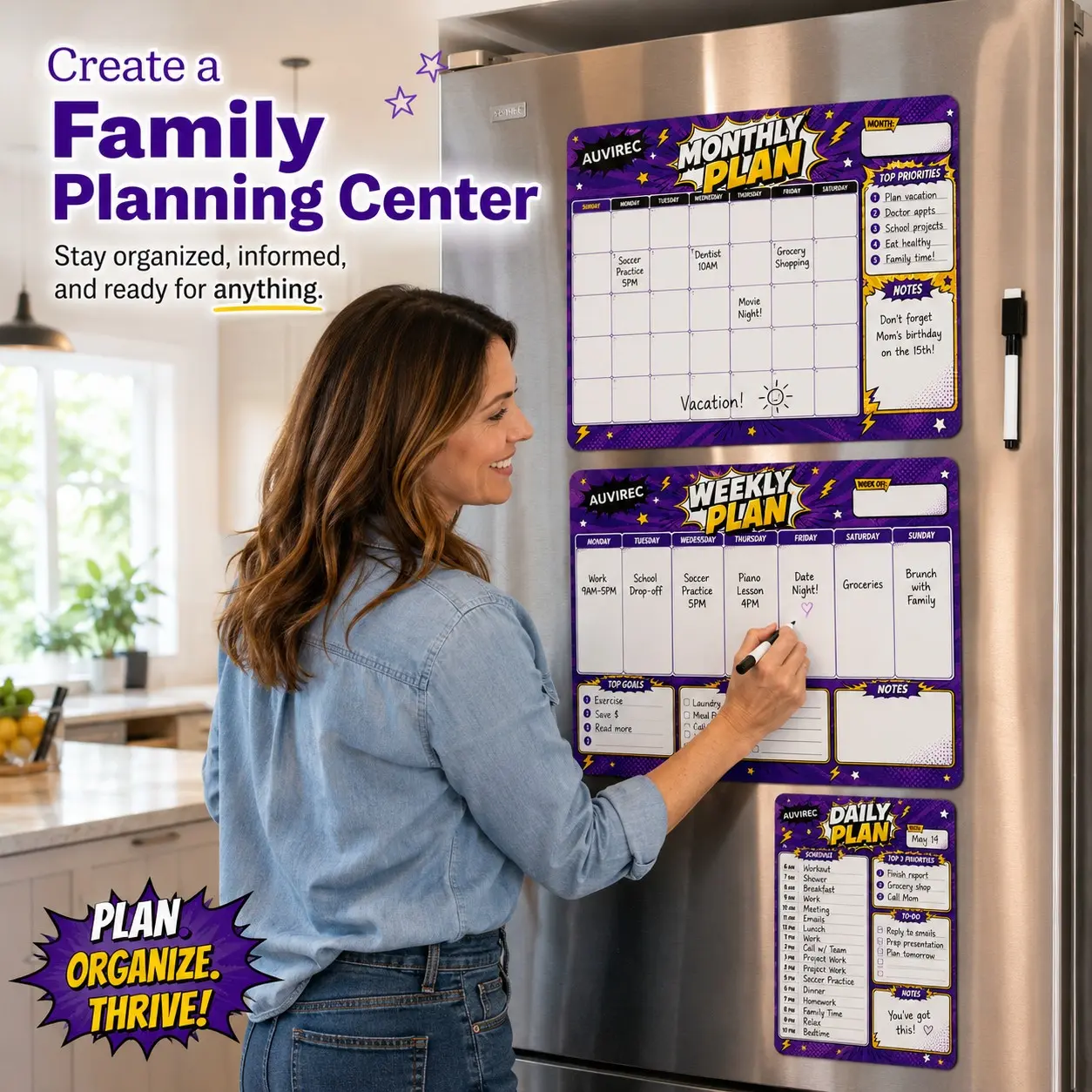Auvirec 3-Piece Reusable Dry-Erase Calendar Set, Self-Adhesive Monthly Weekly Daily Planner, Includes Erasable Marker, Home Office Use