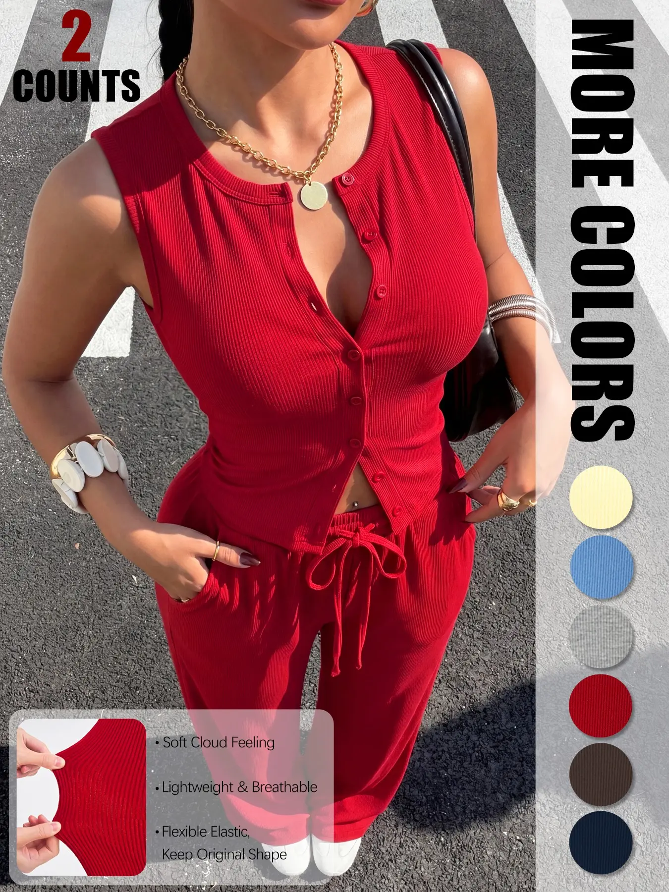 Women's Ribbed Breathable Matching Set Slim Crop Tank Top and Wide Leg Elastic Drawstring Pants Casual Everyday Chic Summer Outfit
