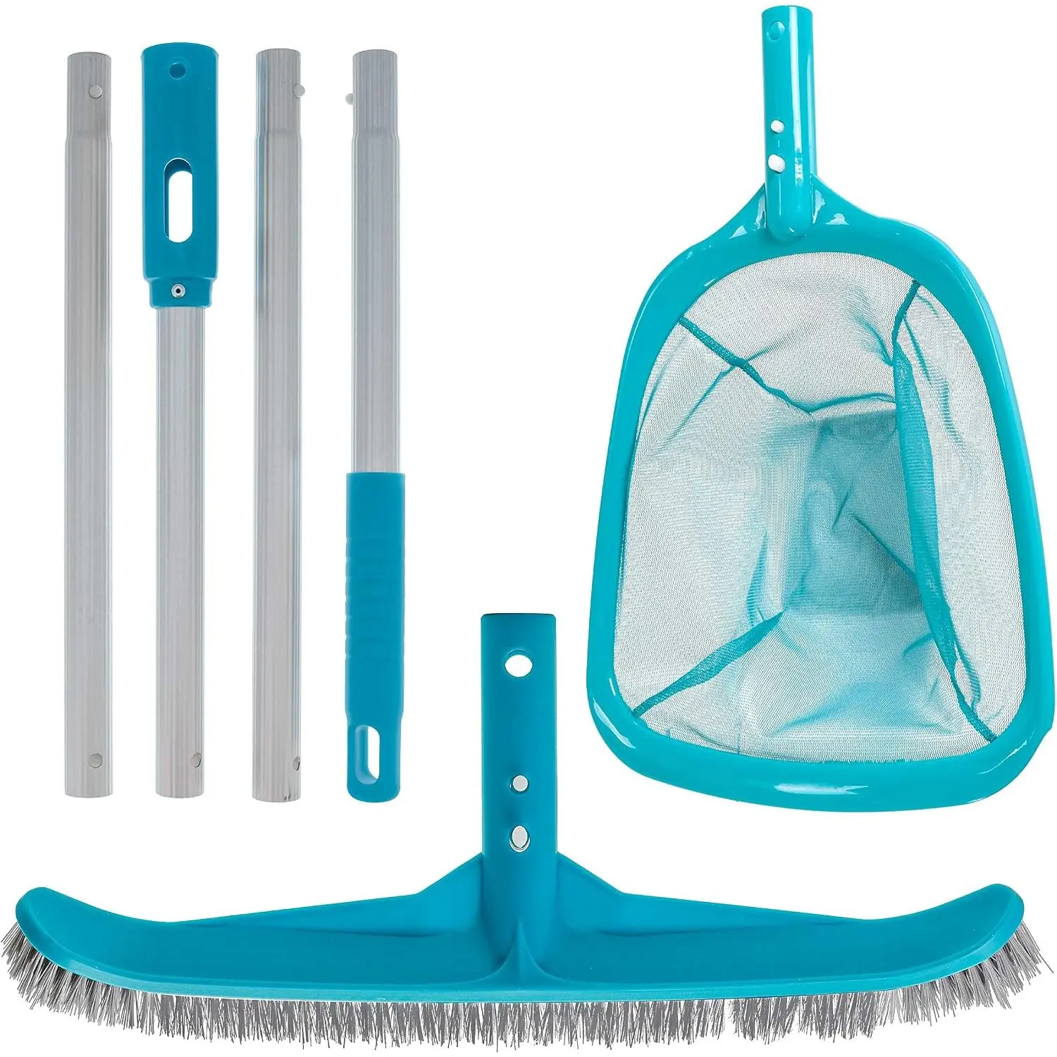 Pool Maintenance Kit with Leaf Skimmer Net, Brush, and Adjustable Telescopic Pole - 6" Deep Mesh Netting, Nylon Scrub Brush - Clean Sweep Debris from Walls, Floors, Steps, Spas, Ponds