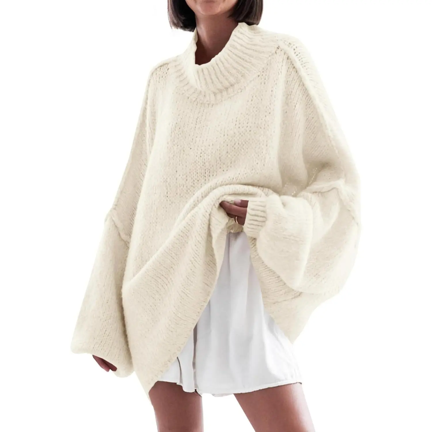Goranbon Womens Oversized Sweaters Mock Neck Batwing Long Sleeve 2025 Fall Trendy Ribbed Knit Casual Tunic Sweater