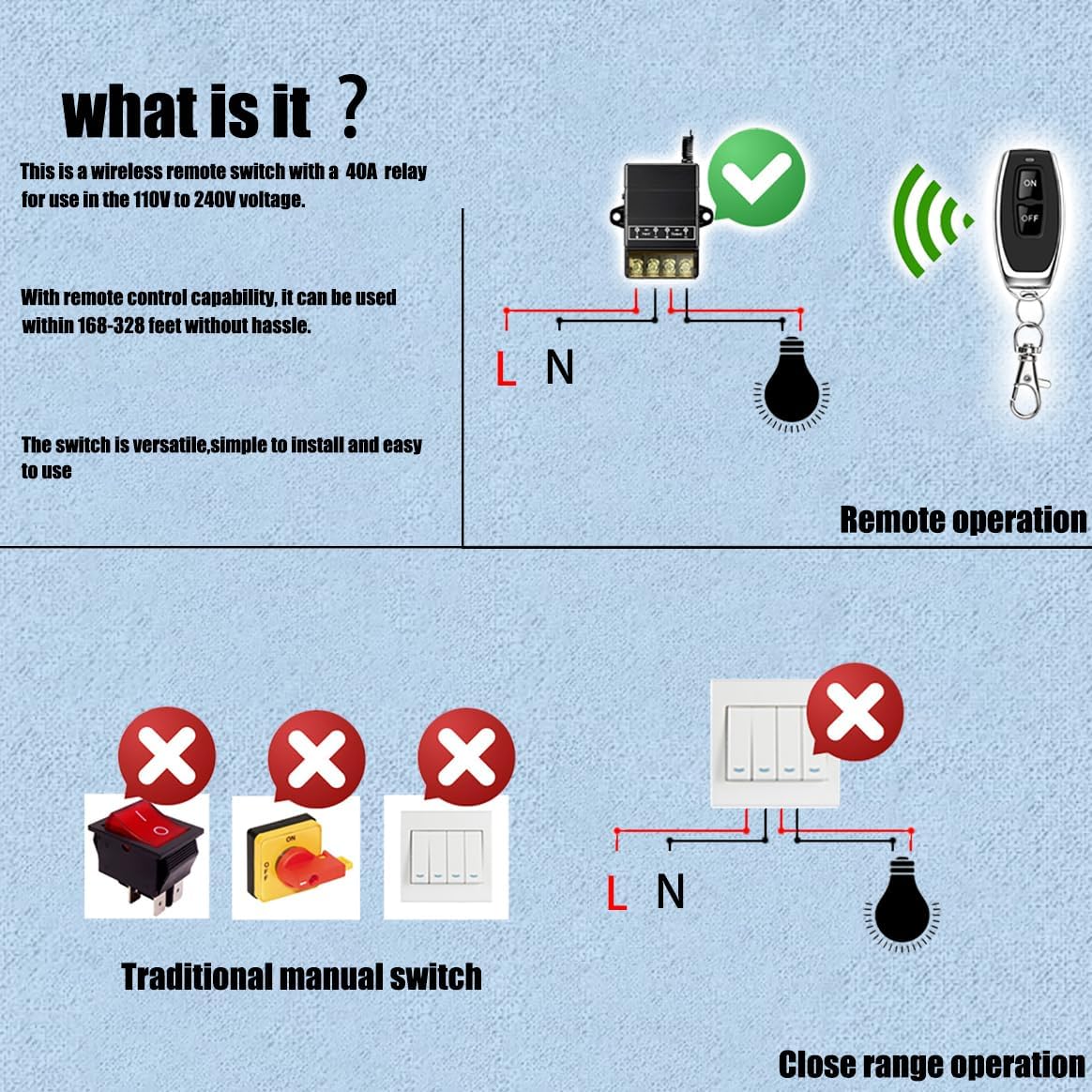 VONVOFF Remote ,AC110V/120V/240V/ 30A Relay RF Remote Control Light Switches with 328ft Long Range, ON/Off kit for Pump lamp,,Fan,dust Collector,Light,Garage Door. VONVOFF Remote ,AC110V/120V/240V/ 30A Relay RF Remote Control Light Switches with 328ft Long Range, ON/Off kit for Pump lamp,,Fan,dust Collector,Light,Garage Door.