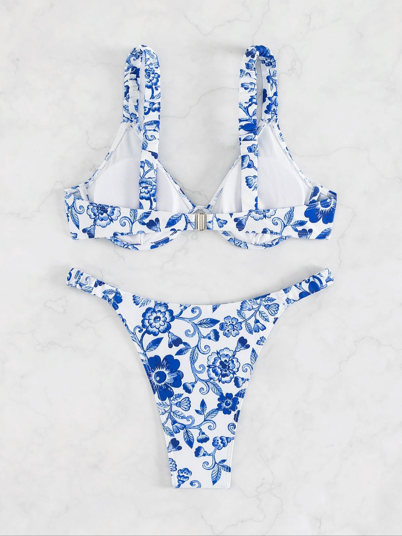 Women's 2pcs Floral Print Bikinis Set, Push Up Swim Bra & High Cut Swim Bottom, Fashion Chic Swimwear for Summer Beach Holiday Vacation, Push Up Swimsuit