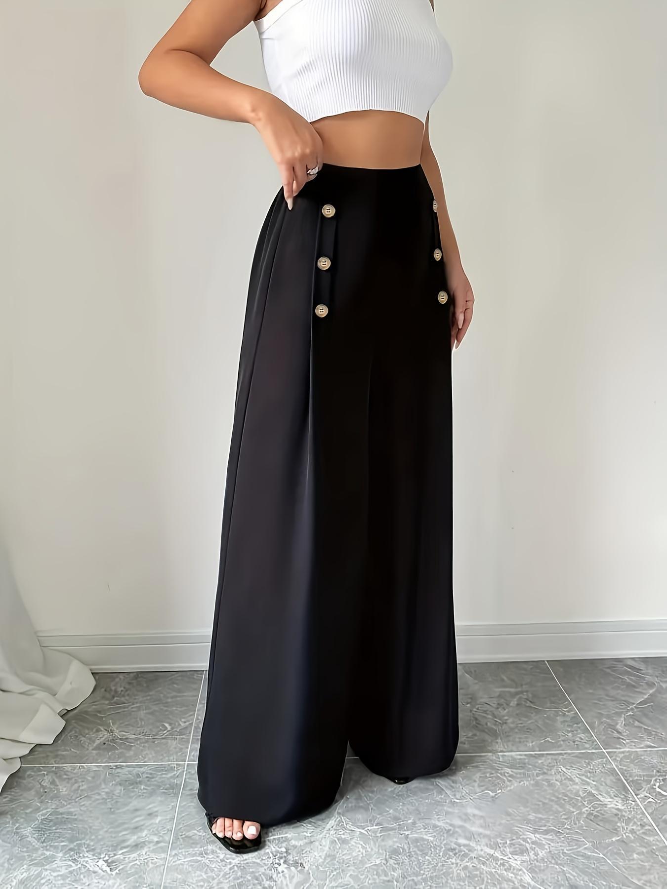 Women's Solid Color Button Decor Wide Leg Pants, Basic Casual High Waist Comfy Trousers for Work Office Business, Ladies Casual Fitted Bottoms for All Seasons