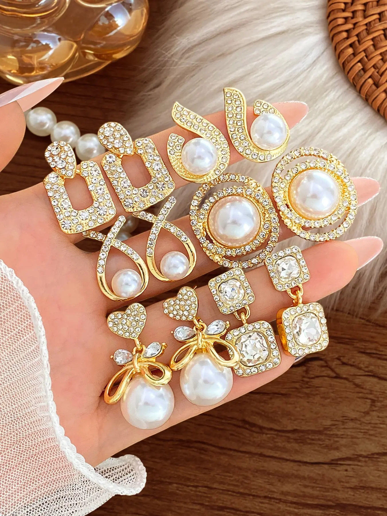 6 Pairs Vintage Rhinestone French Romantic Pearl Earrings Set, Elegant Jewelry Gift Box, Perfect for Special Occasions