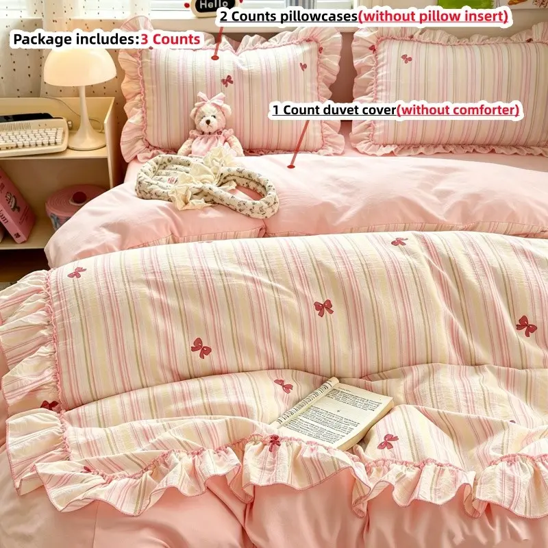 3pcs Ruffled Bow Comfy Bedding Set, Comfy Bed Sets, Includes 1 Duvet Cover + 2 Pillowcases, without comforter and pillow insery, Single Twin Double Queen king Size bed
