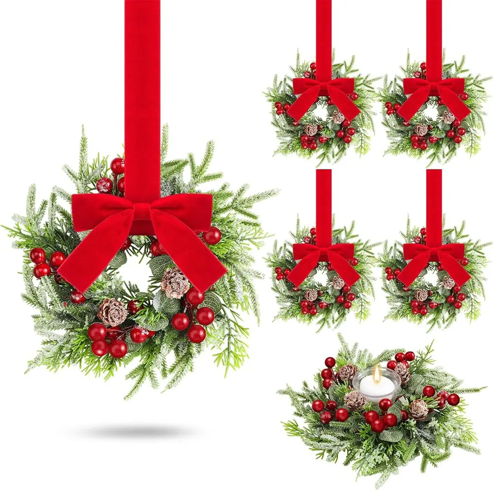 6 Piece Mini Christmas Cabinet Wreaths, Small Christmas Wreath Decorations, Norfolk Pine Artificial Berry Cedar Wreath with Ribbon