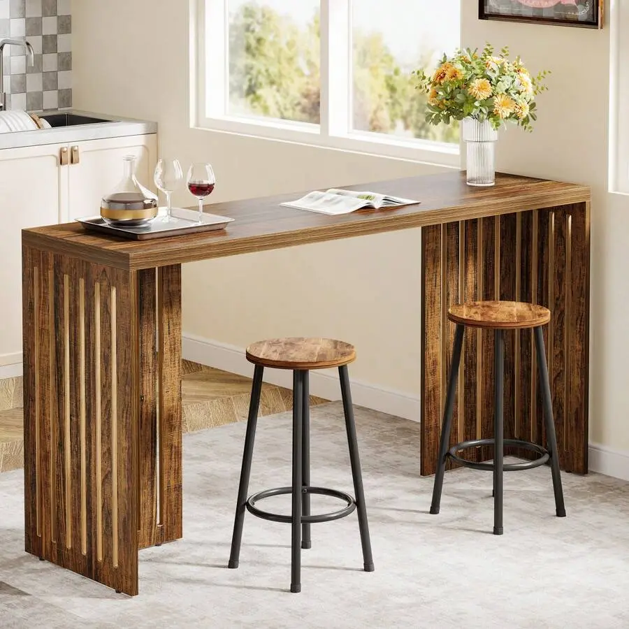 Bar Table, 63-Inch Counter Height Pub Table, Industrial Bar Height Table, Rectangular Top & Dining Counter Tables With Louvered Base Narrow Space, Rustic Brown(Only Table)