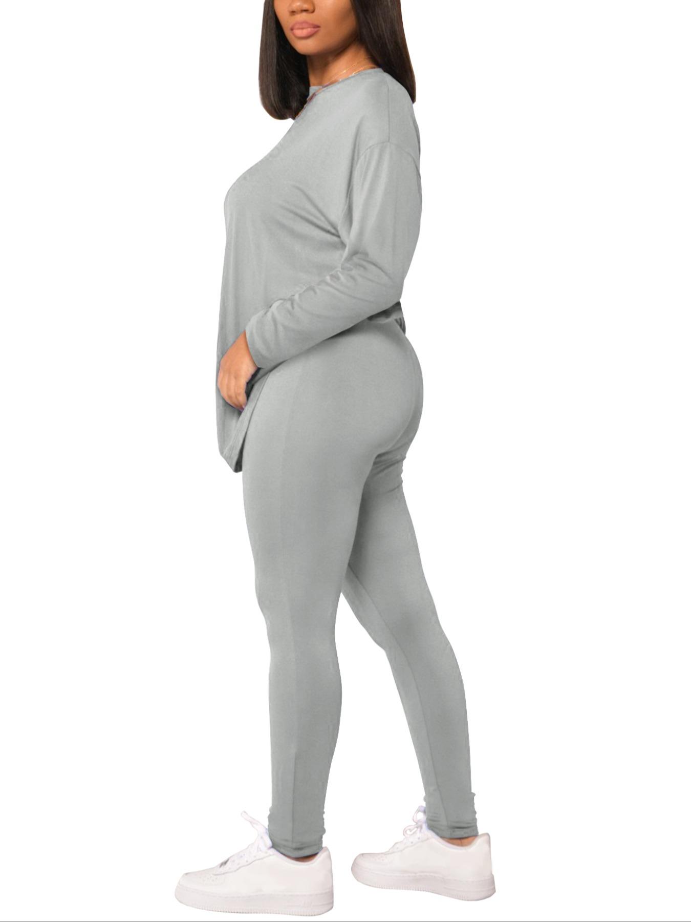 Women's Solid Drop Shoulder Tee & Elastic Waist Skinny Pants Two-piece Set, Basic Casual Fashion Cozy Round Neck Long Sleeve T-shirt & Trousers for Daily Outdoor Wear, Women's Clothing for Spring & Fall