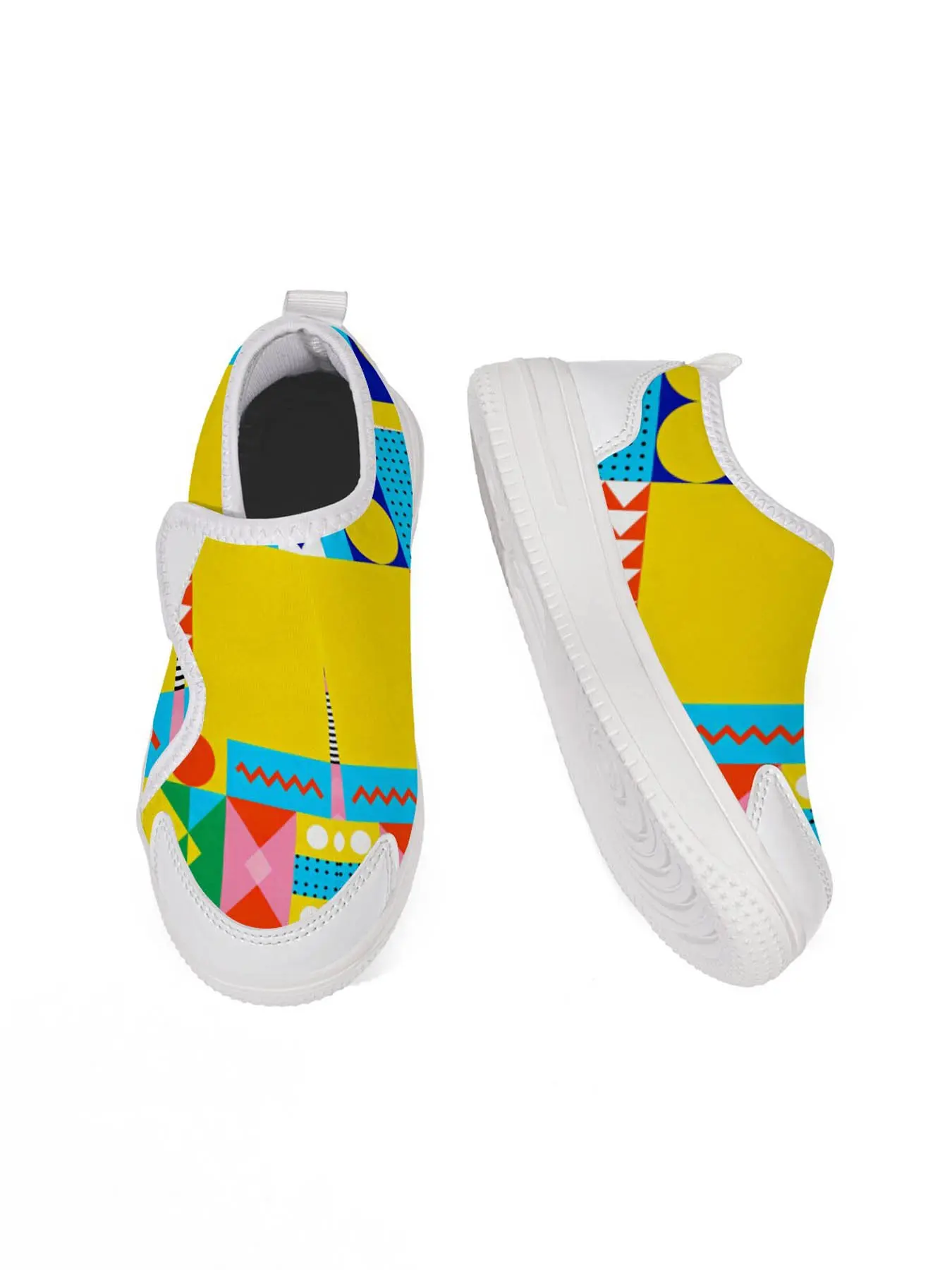 Geometric Pattern Velcro Kids Casual Training Shoes, Fashionable Art Style, Bright Colors, Comfortable Sole, Easy-On Design, Outdoor Play, Trendy Trainers