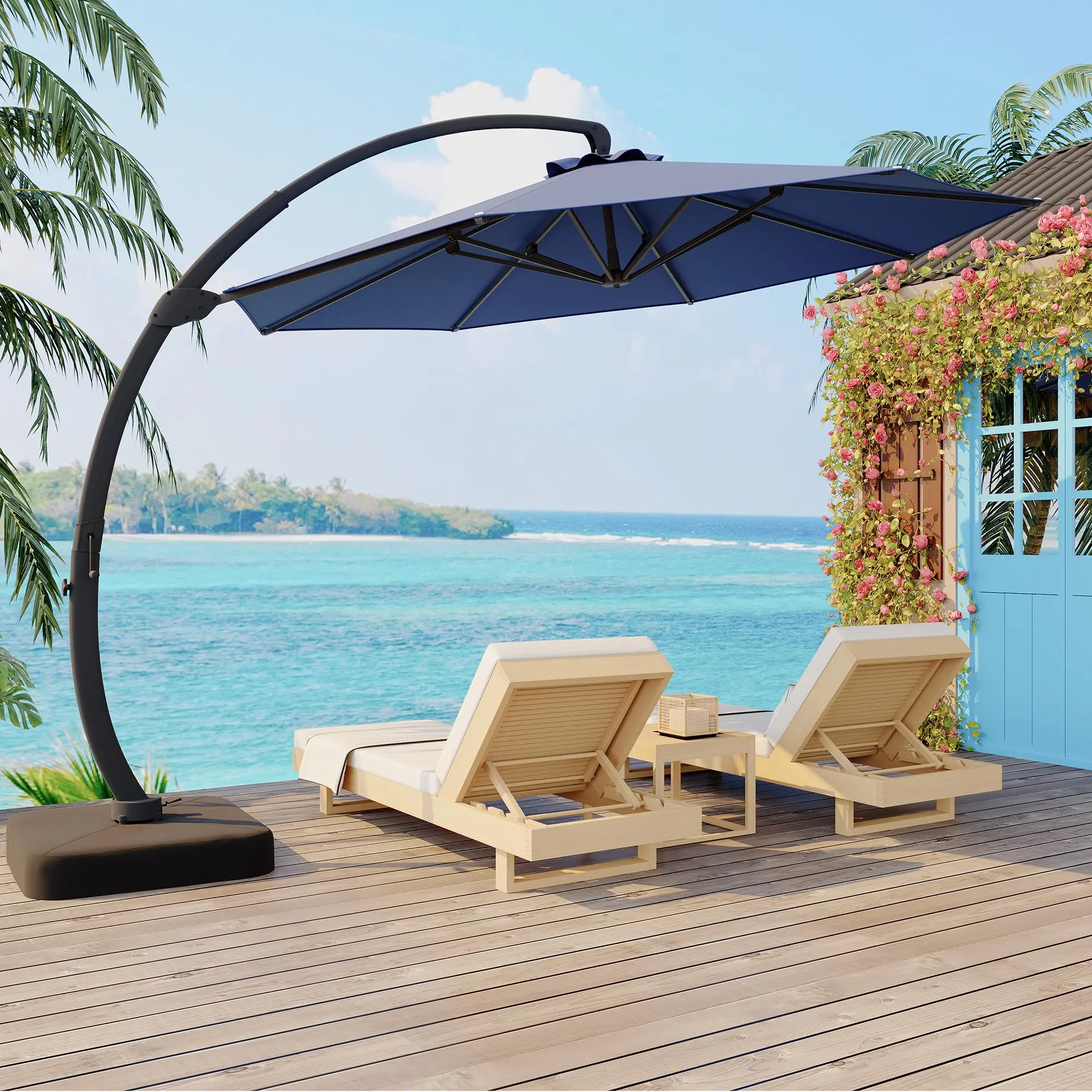 11FT Curvy Cantilever Offset Umbrella with Base, 360° Rotation, 220G UV-Resistant for Pool, Deck, Backyard