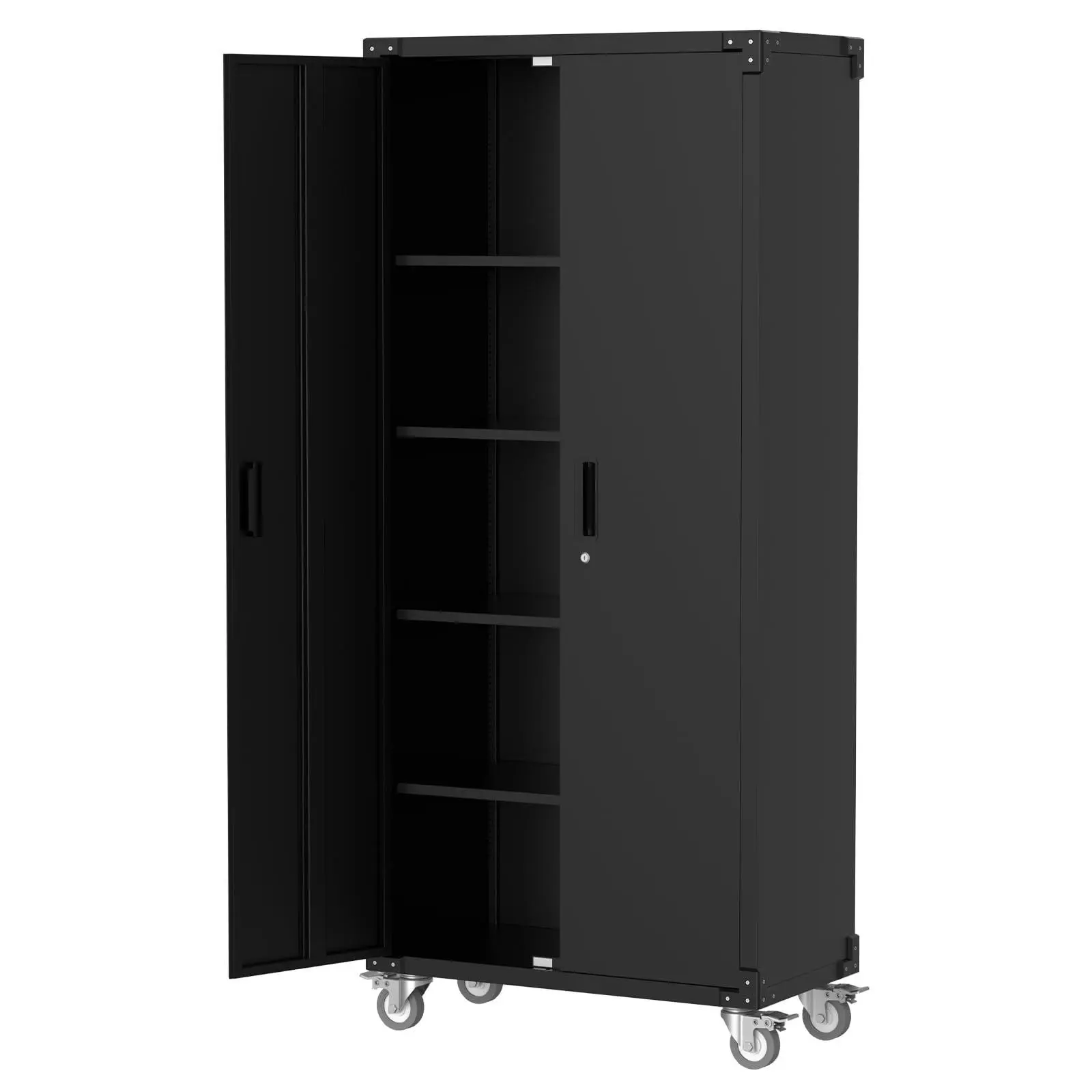 Garage Storage Cabinet 72 in Locking w/ Wheels & Pegboard | Heavy-Duty Steel w/ 4 Adjustable Shelves | Workshop Home Office Organizer, Black