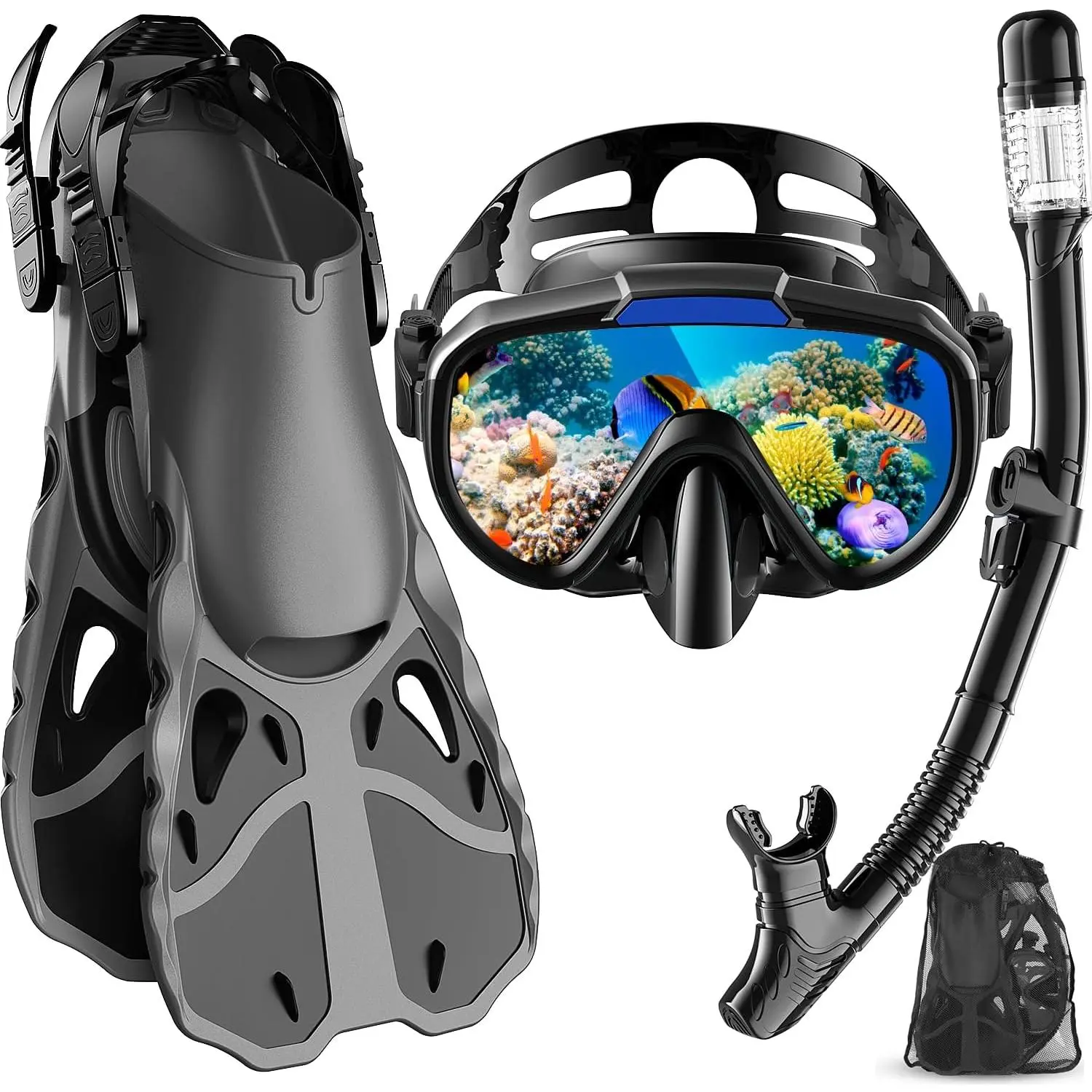 Snorkel Set with Fins for Adults, Snorkeling Gear for Adults Men and Women, Snorkle, Mask Set Adults Dry Top Snorkel Mask Combo Set with Travel Bag for Snorkeling, Diving, Swimming