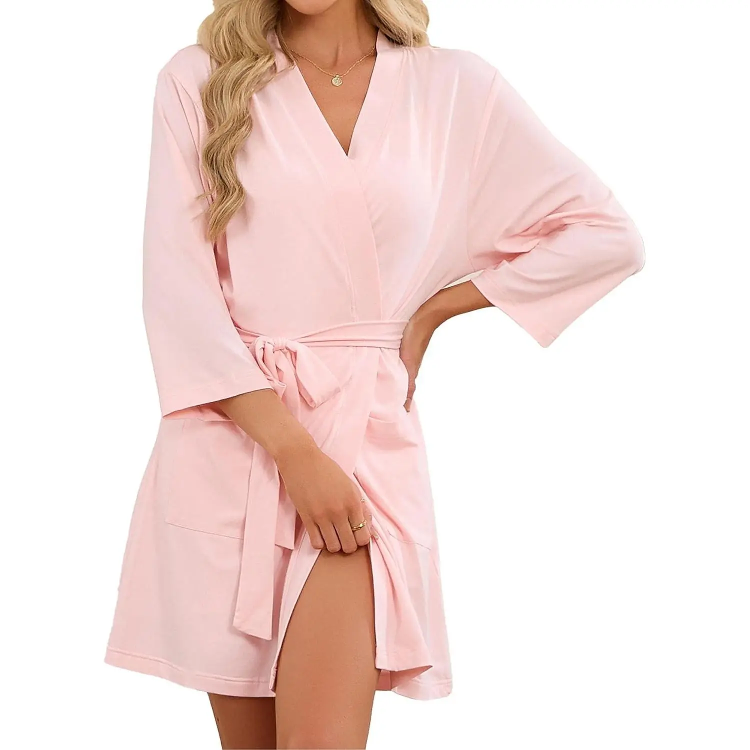 Women's Tencel Cotton Short-Length Bathrobe - V-Neck, Soft Lightweight Spa Loungewear with Pockets