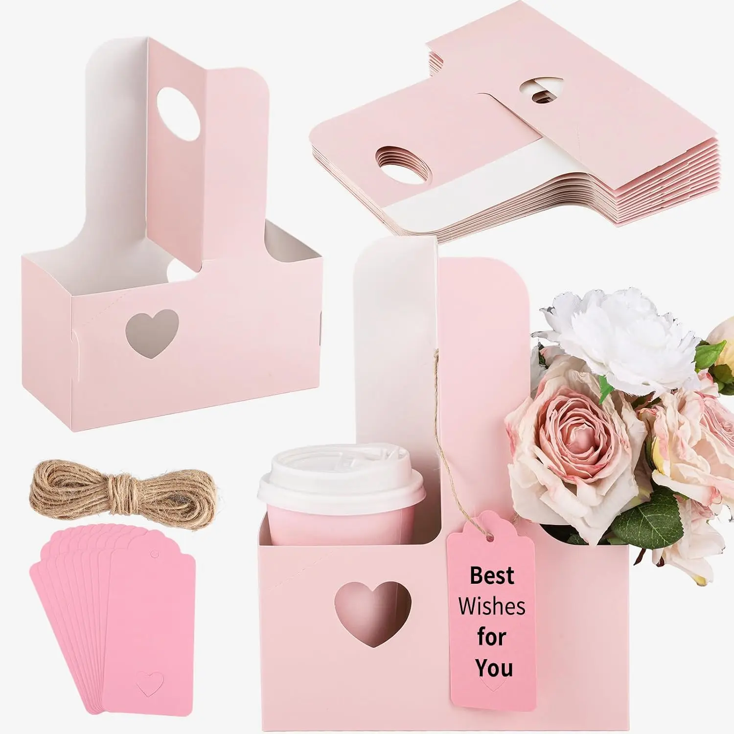 2 Cup Drink Carrier with Handle, 12 Pcs Disposable Drink Carrier Cardboard |   Coffee Carrier with Ribbon and Card Insert Foldable Cup Holder for Cafe Takeout Service (Pink)