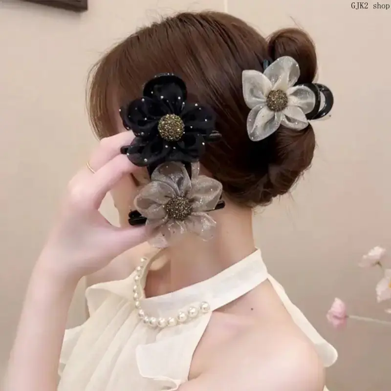Glitter Tulle Flower Hair Claw Clips, Sparkly Rhinestone Mesh Floral Shark Hair Clips, Elegant Large Hair Jaw Barrettes for Women Wedding Party Daily Hairstyle