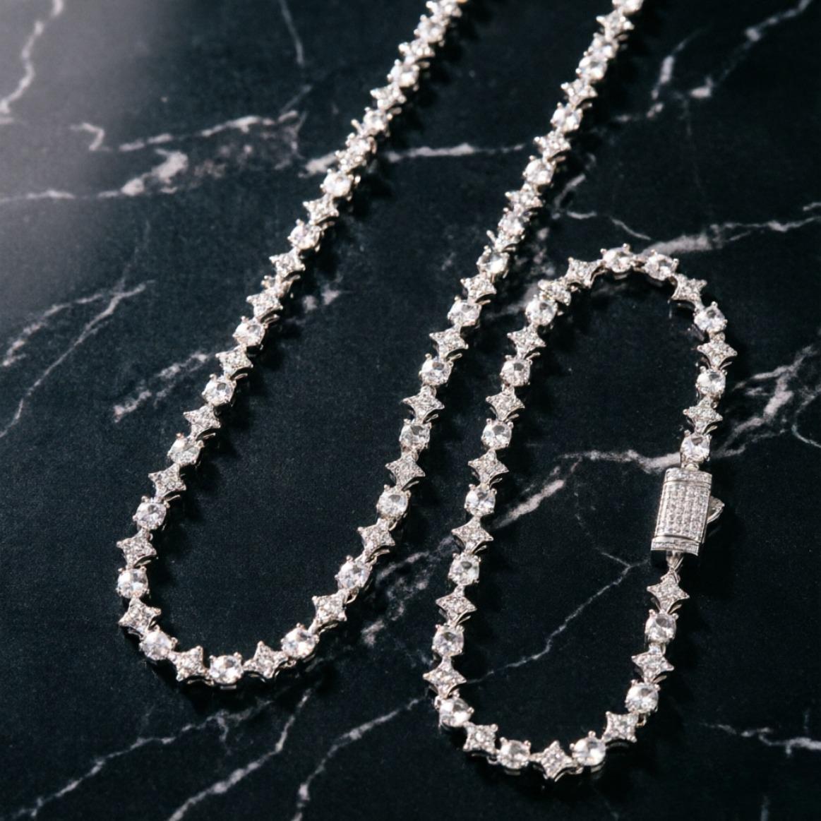 Mixed Quadrangular Star Tennis Chain Necklace & Bracelet Round Cut Iced Out Moissanite HipHop Jewelry Gift Luxury Shine Unisex Trend