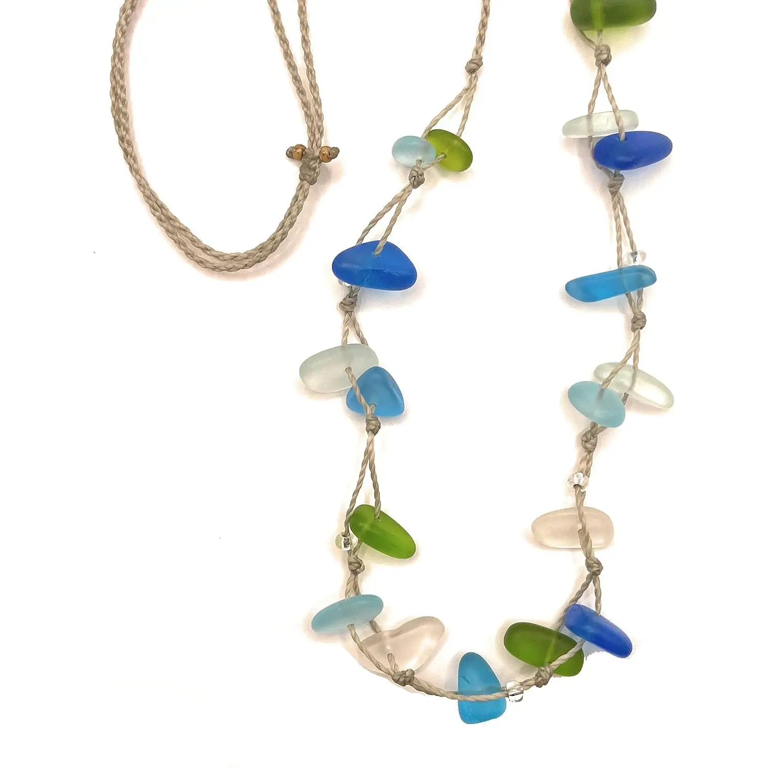 Caribbean  Blues Oceana Sea Glass Adjustable Necklace | y Boho , Adjustable from Choker to 30" Long, Metal Free, ,