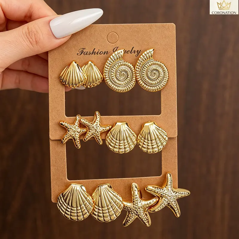 Women's Stud Earrings Set 12 Pairs Metallic Gold Starfish Lightweight Coastal Cowgirl Jewelry Beachwear Accessories for Summer Vacation