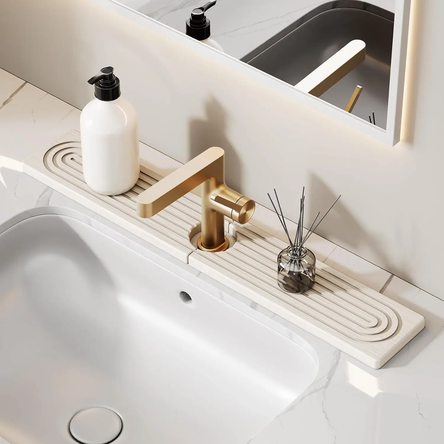 23.6 Inch Stone Faucet Mat for Kitchen Sink Splash Guard - Diatomite Quick Dry Stone Mat Kitchen Sink Protectors, Water-Absorbent Faucet Handle Drip Tray(White, 23.6" x 3.9")