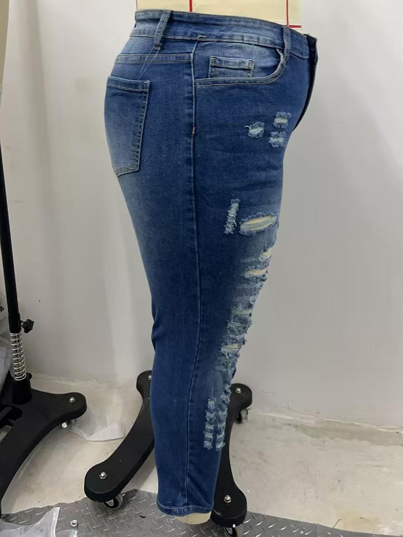 Women's Plus Size High Rise Stretchy Skinny Ankle Jeans, Butt Lifting Ripped Distressed Washed Denim, American Retro High Street Basic Style Pocket Button Pants for Daily & All-Season Wear