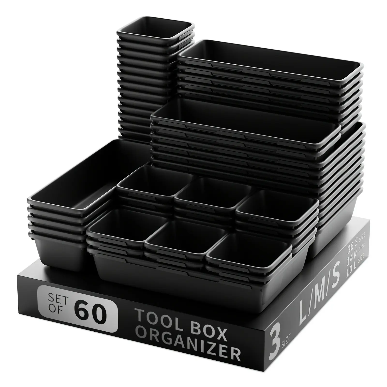 60PCS stackable plastic tool storage trays, toolbox organizer, Tool Storage Organiser, hardware storage boxes in 3 sizes, and small parts storage containers—ideal for screws, bolts, hand tools, and organizing garages and workshops