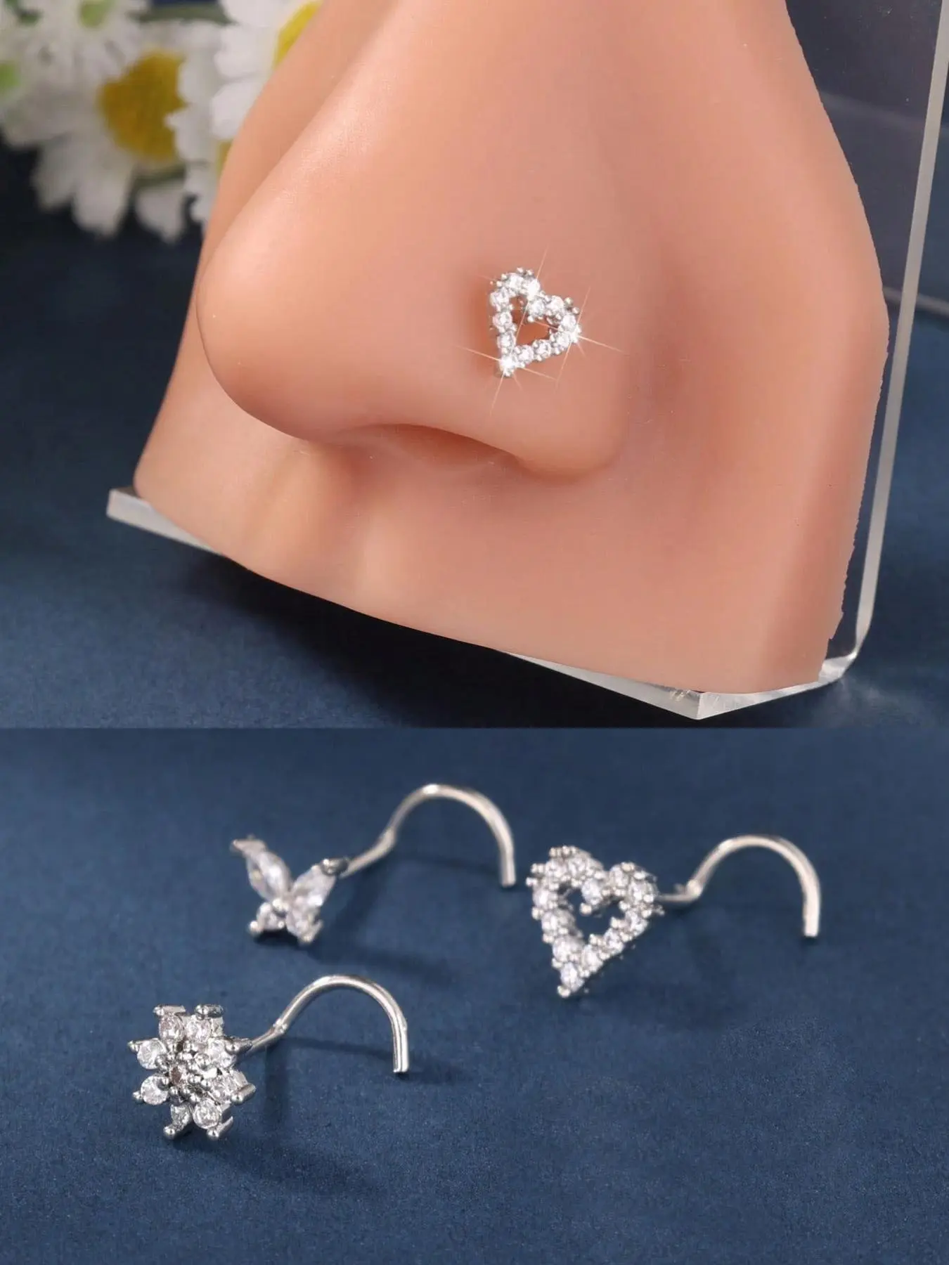 Heart & Butterfly Shape Nose Screw Stud Set – 18G CZ Nose Piercing Jewelry For Women S Pin Nostril Piercing Nose Rings Set Body Jewelry, Body Piercings, Nose Studs