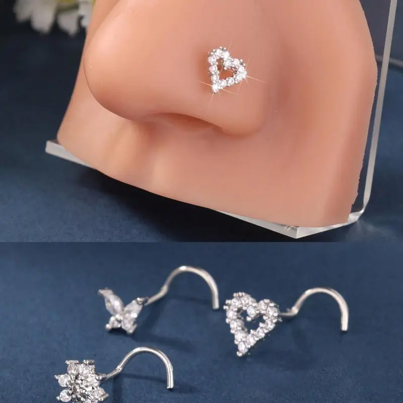 Heart & Butterfly Shape Nose Screw Stud Set – 18G CZ Nose Piercing Jewelry For Women S Pin Nostril Piercing Nose Rings Set Body Jewelry, Body Piercings, Nose Studs