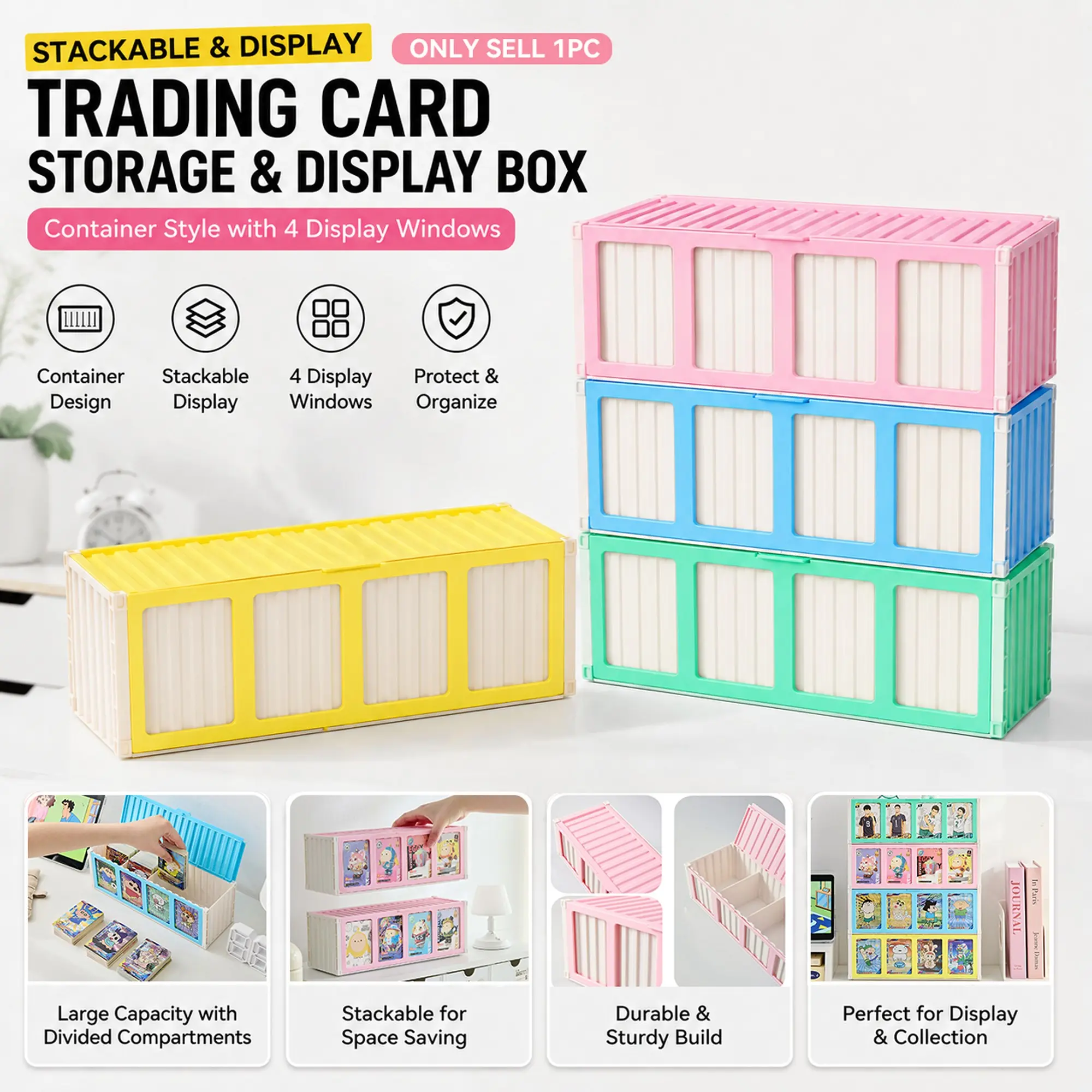 Collectible Card Storage Display Box, Card Collector Box, Large Capacity, Stackable, Compatible with Trading Cards, Sports Cards, Football & Baseball Cards, Trading Card Organizer