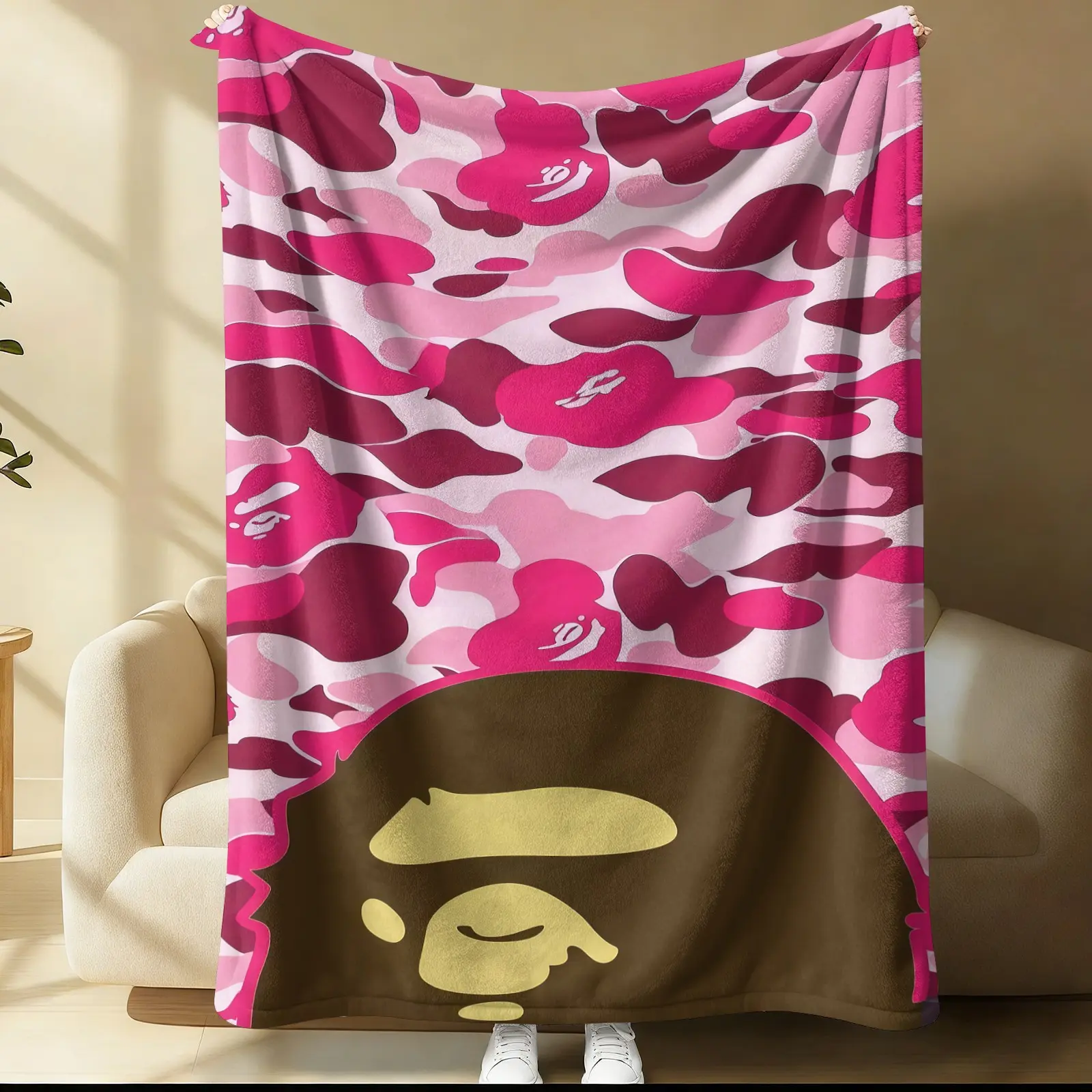 Camouflage Ape Head Printed Blanket, Lightweight And Warm Flannel Sofa Blanket, Suitable For Soft Blankets In Beds, Camping, And Offices