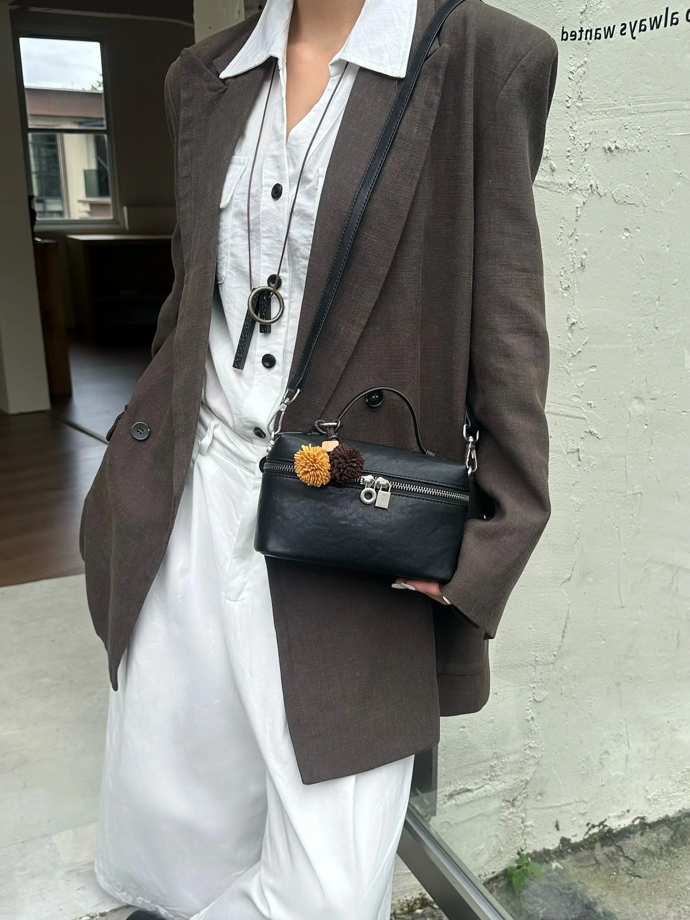 Black Wrinkled Genuine Leather Mini Box Handbag Pom Pom Charm Decor Embellished Shoulder Bag Detachable Long Crossbody Strap Casual Office Shoulder Purse