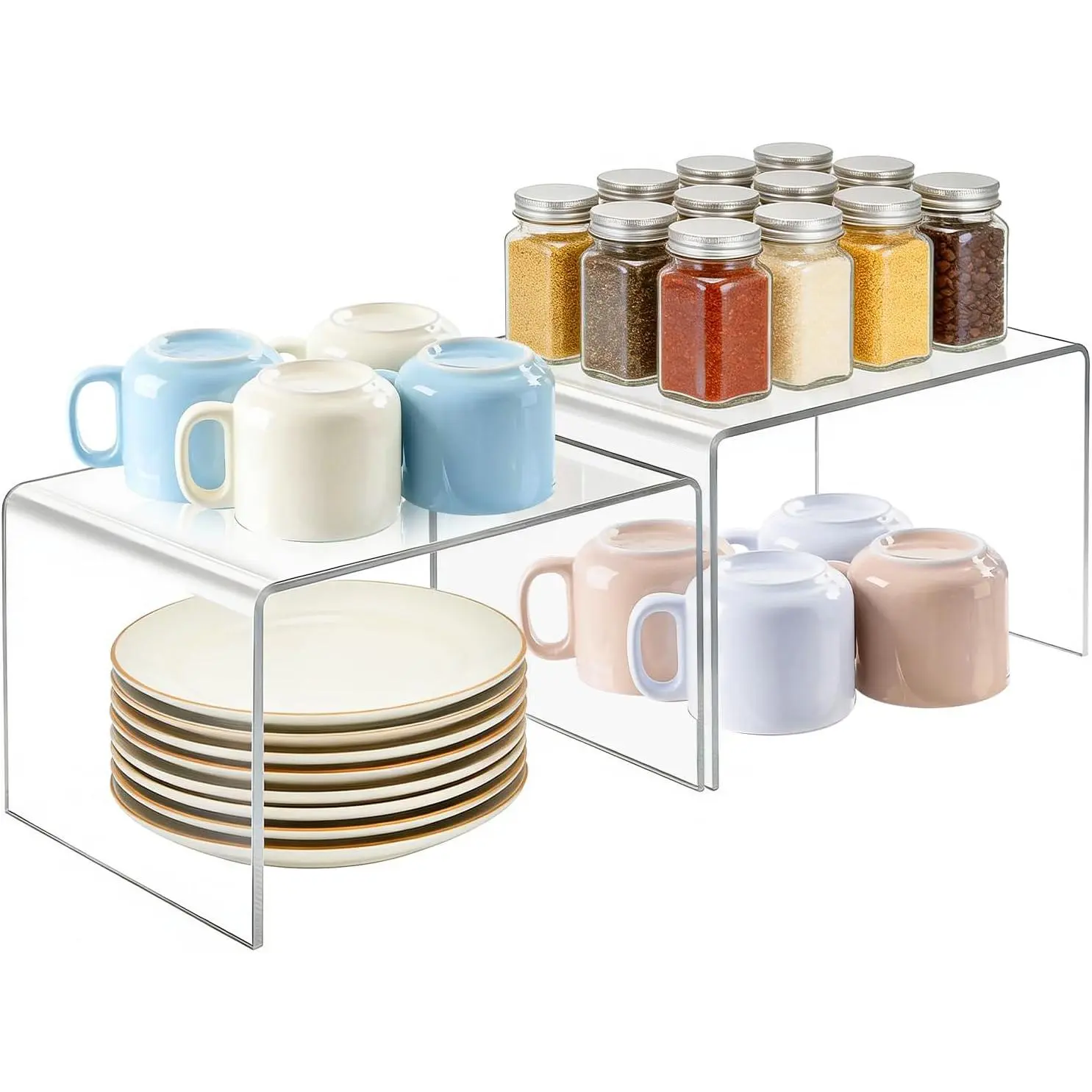 Acrylic Cabinet Organizer, Set of 2 Clear Shelf Organizer for Kitchen Pantry Organizers and Storage, Display Cabinet Shelf Room Decor Countertop Desk Shelves, Spice Organization for Cabinet