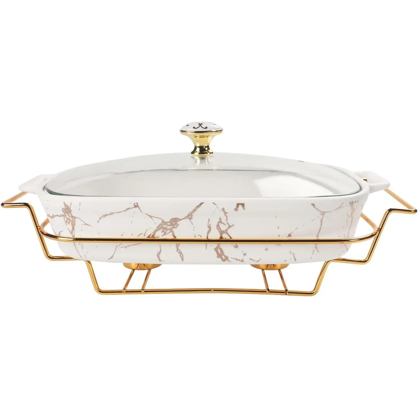 13" x 9" 2.2 Quart Ceramic Casserole Dish with Glass Lid and Rack, Serving Soup Tureen Chafing Dish, Food Tray for Buffet Family Party Catering Food Preservation