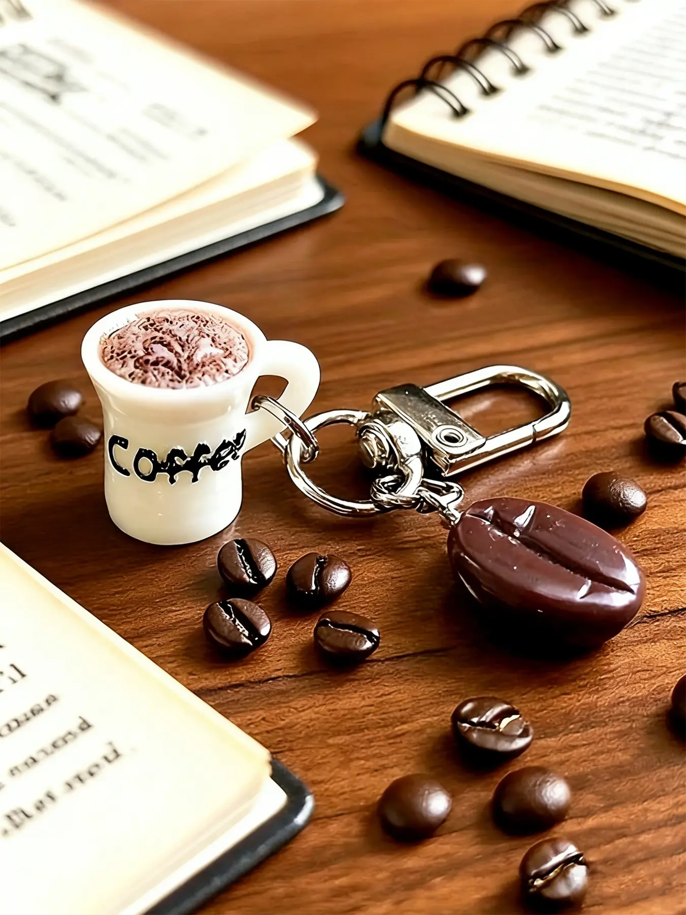A fun keychain pendant, Keychain charm, in the shape of a coffee cup and coffee beans, featuring a cute style, suitable for coffee lovers to hang on bags or keys in daily life, adding personality to leisure scenes