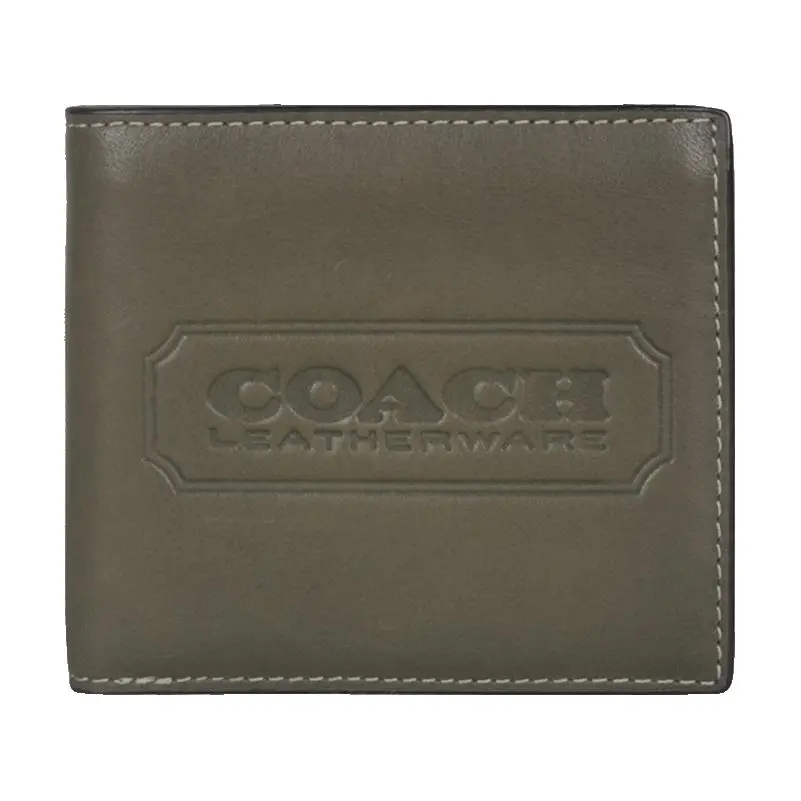 COACH Leather Bifold Wallet for Men – Logo-Embossed, Military Green