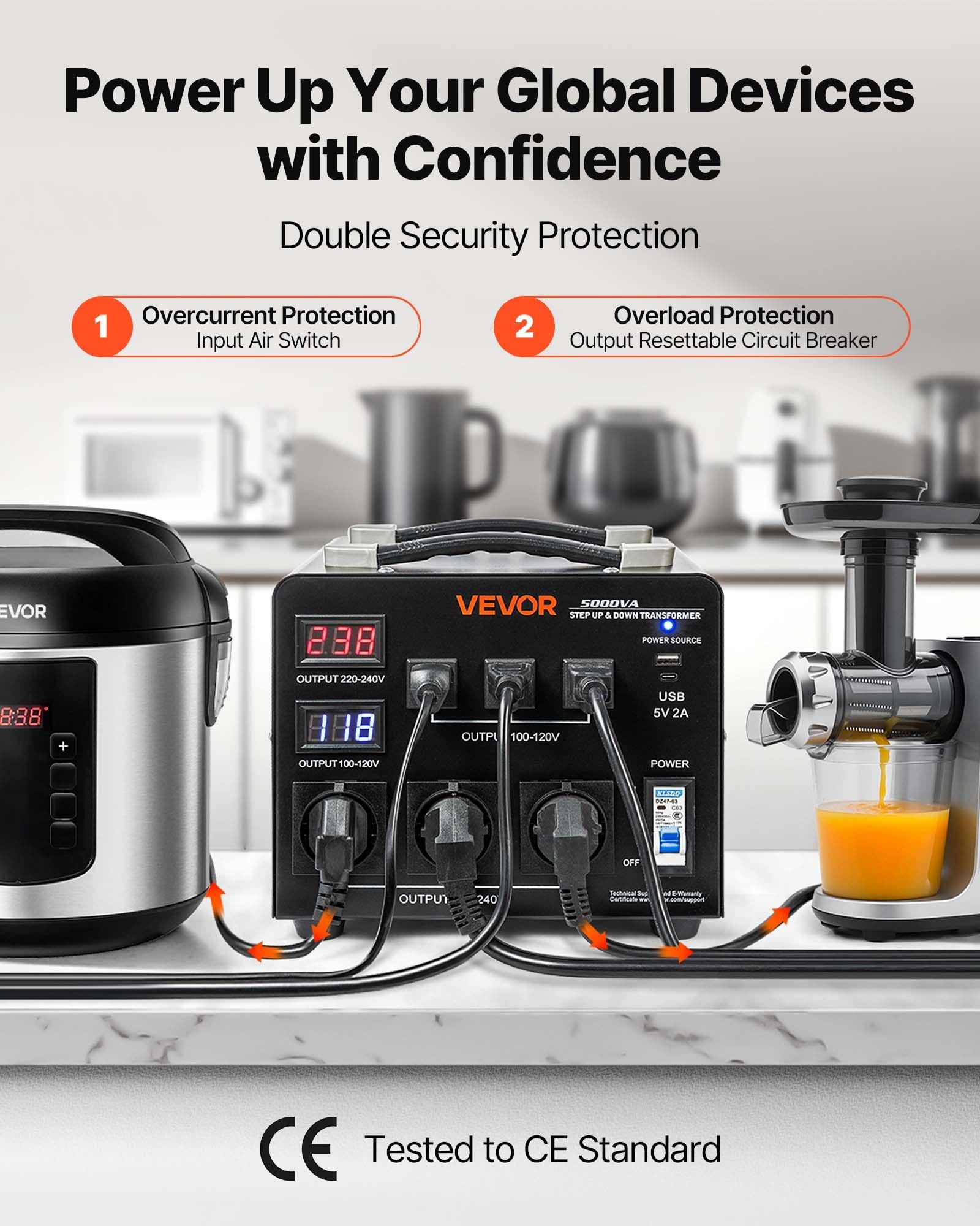 VEVOR Voltage Auto Converter Transformer, 5000VA, Heavy Duty Step Up/Down Power Transformer, 110V to 220V and 220V to 110V, with 3 US Outlets, 3 EU Outlets, LCD Display, Circuit Breaker Protection VEVOR Voltage Auto Converter Transformer, 5000VA, Heavy Duty Step Up/Down Power Transformer, 110V to 220V and 220V to 110V, with 3 US Outlets, 3 EU Outlets, LCD Display, Circuit Breaker Protection