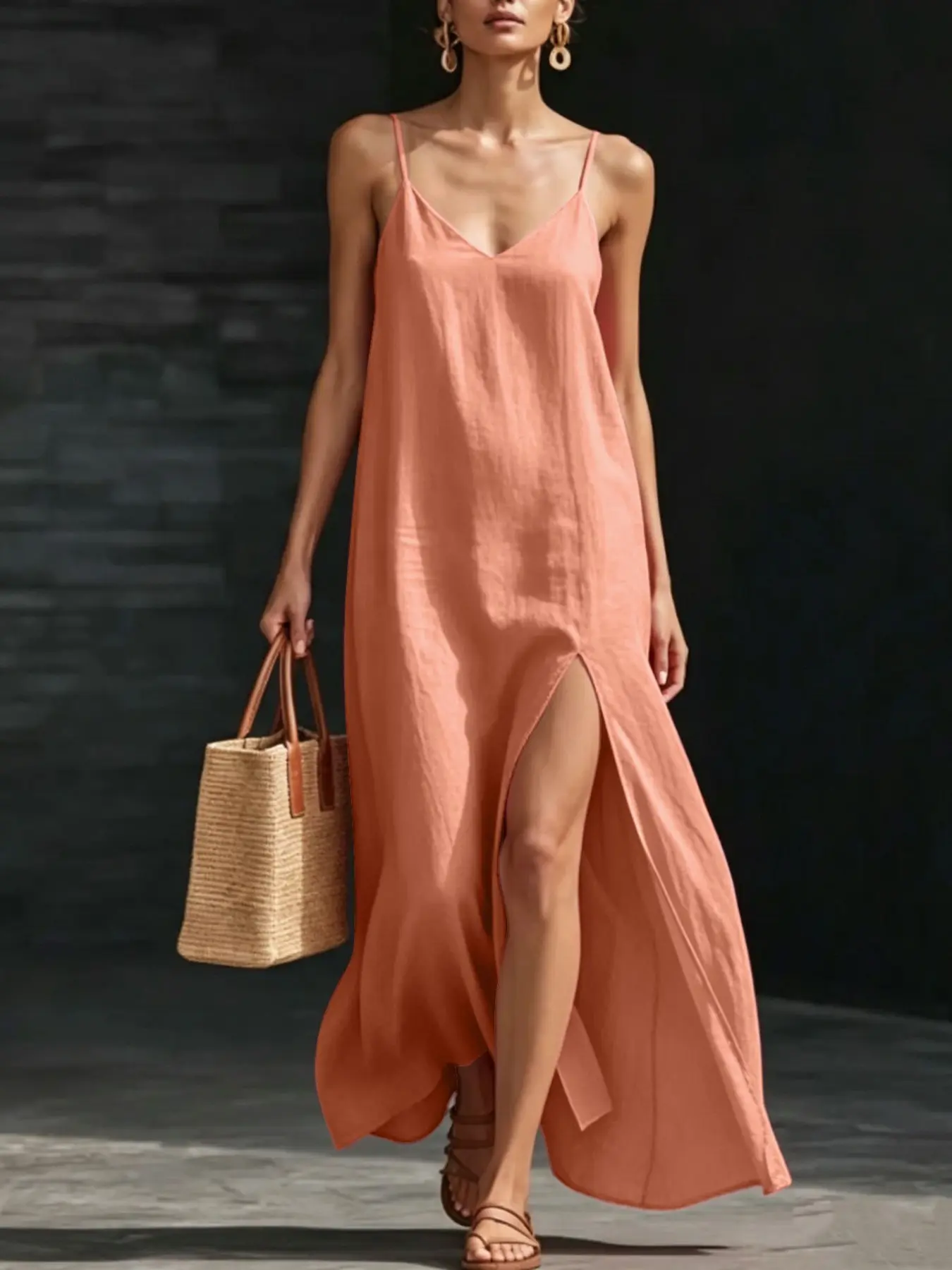 Solid Color Simple V-Neck Halter Sleeveless Long Dress, Loose Fit Conceals Belly, Side Split, Casual Atmosphere, Comfortable and Stylish
