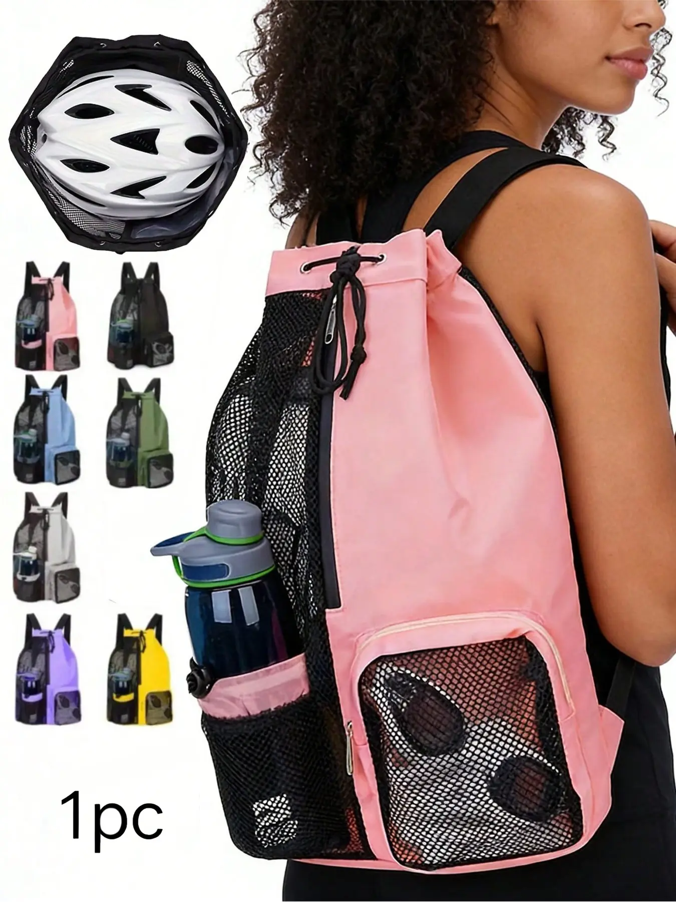 Mesh Drawstring Backpack with Zipper Waterproof Pockets, Large Capacity Swimming Bag, Unisex Lightweight Beach Fitness Bag