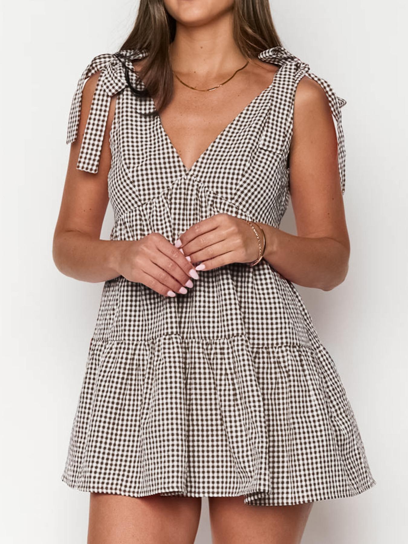 Women's Plaid Print Bow Decor Tie Shoulder Dress, Casual Fashion Gingham Dress for Daily Holiday Vacation Wear, Ladies Dress for Summer