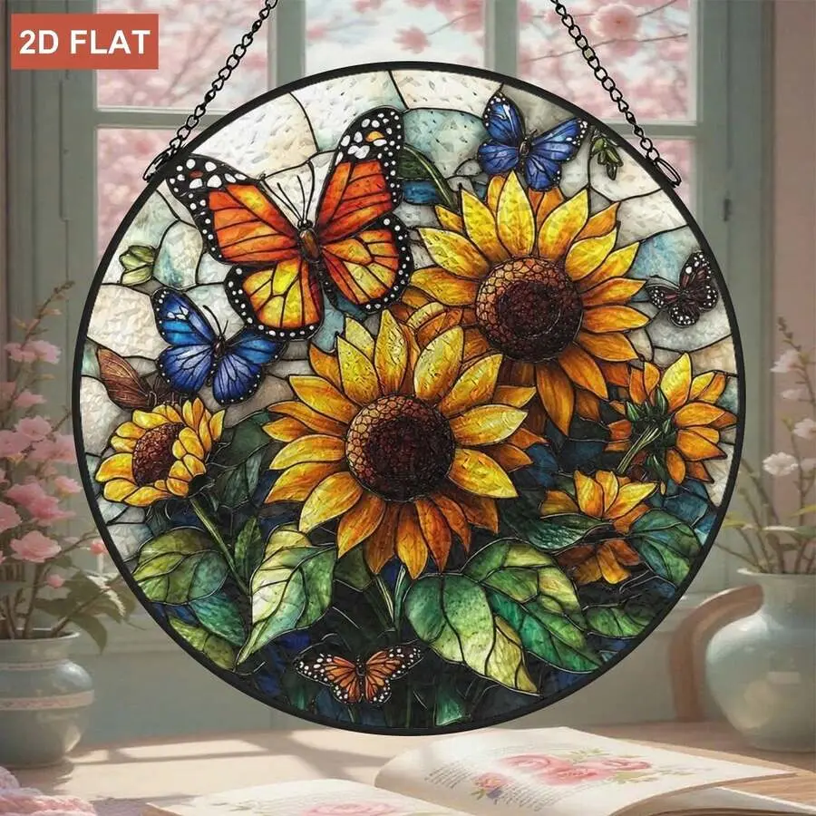 Sunflower Stained Glass Hanging Ornament, Butterfly Window Hanging Decoration, Farmhouse Kitchen Decoration, Halloween Decorations, Christmas, Fall Decor, Home Decor