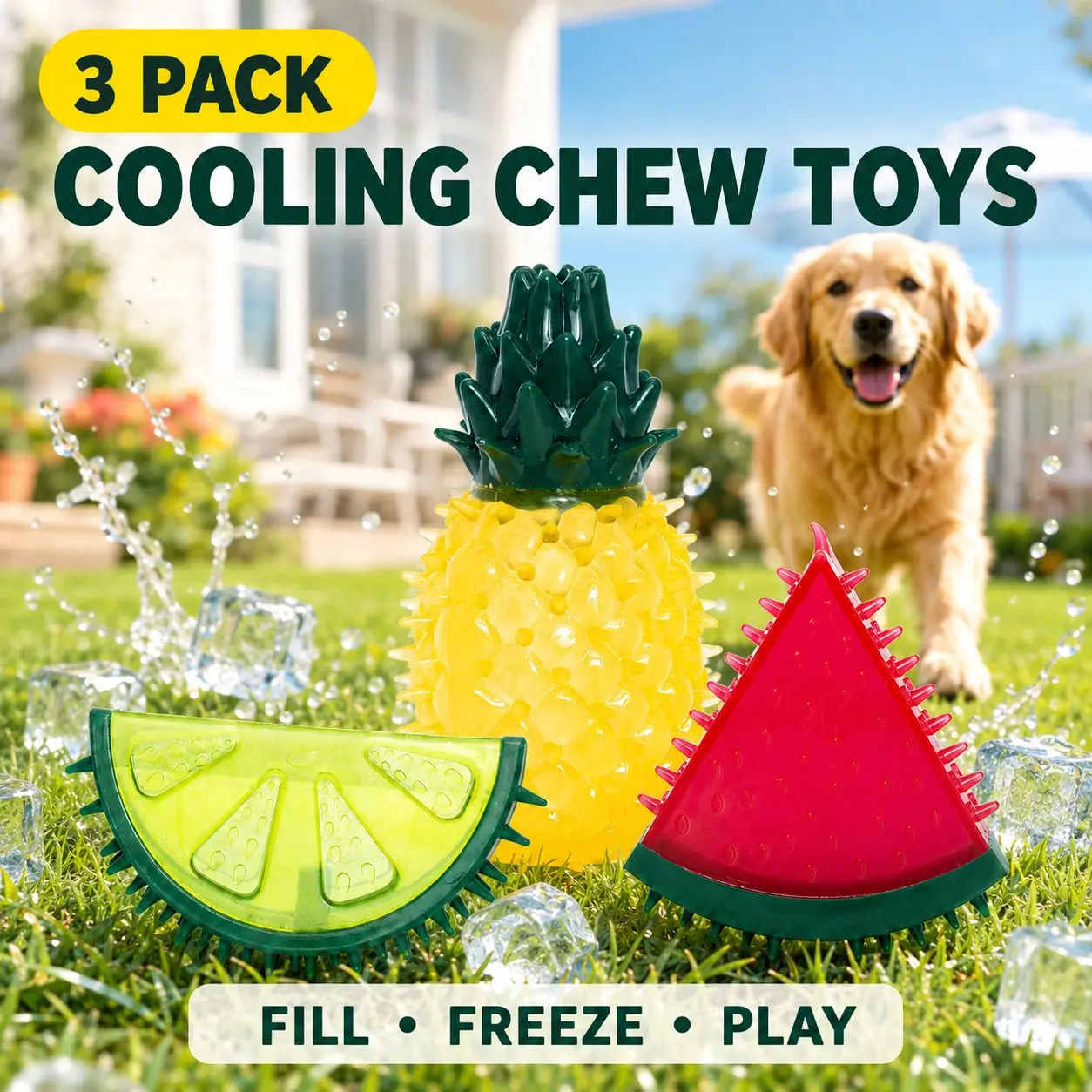 3-Pack Freezable Cooling Dog Chew Toys, Squeaky Cute Lemon Pineapple & Watermelon Fruit Toys, Textured Teething Toys for Puppies and Small Medium Dogs, Indoor Outdoor Interactive Play and Summer Fun