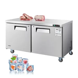 VEVOR 60" W Commercial Freezer, 14.8 Cu. Ft Worktop Freezers Undercounter with LED Auto Lighting and Lockable Door, 2 Doors Food Freezing Prep Worktable, Stainless Steel Prep Frozen Table with Casters