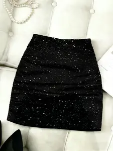 Women's Spring Summer Fashion Silver Color Sequins Waist Cinching Short Skirt, Fit Comfortable Sexy Bodycon Ultra-Short Dress for Date Night Party
