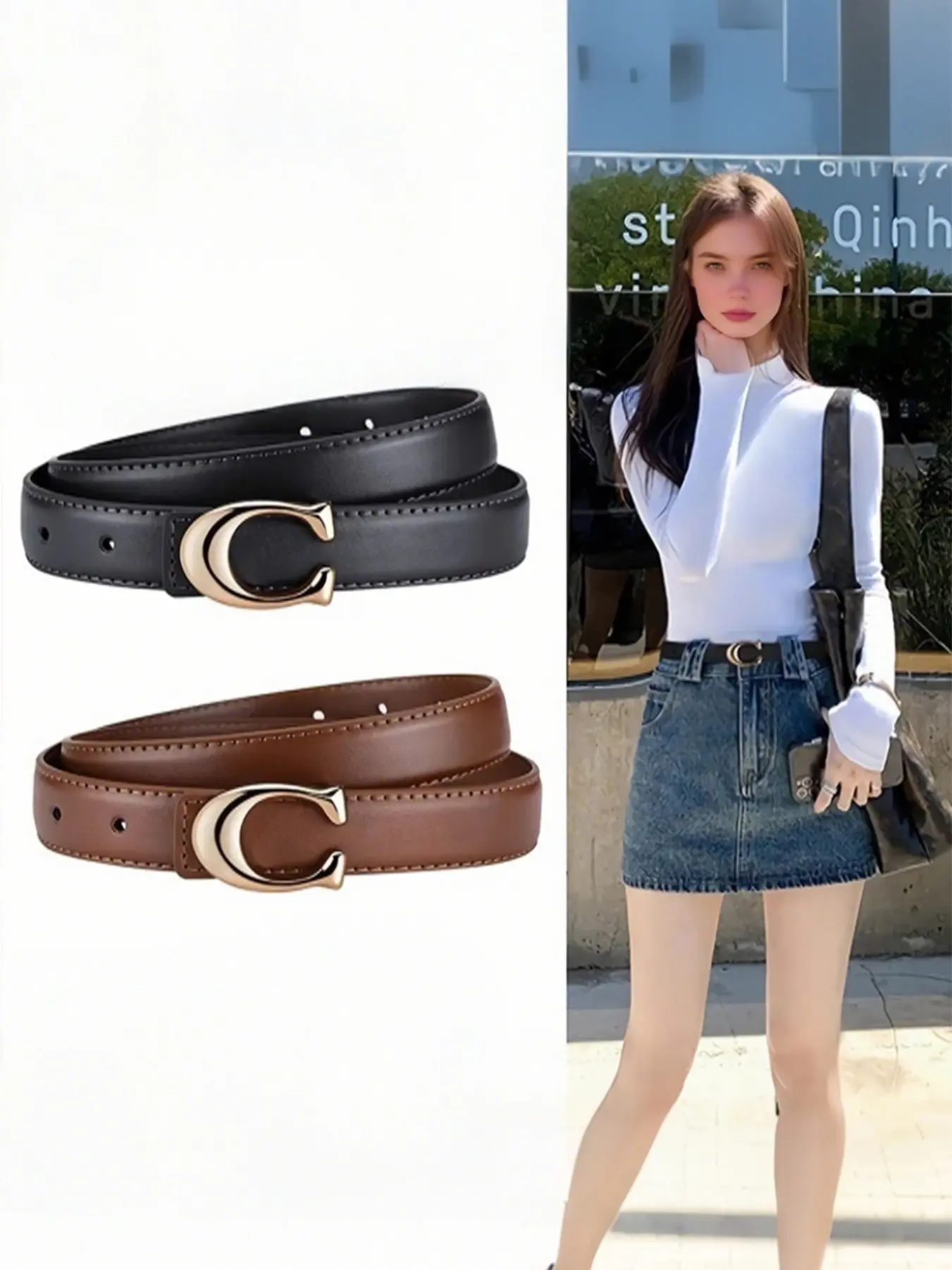2pcs Women's New Fashion Belt, C-Shaped Alloy Buckle Design, Belt With Buckle, Casual Thin Waistband, Skinny Belts, Casual Trendy Waistband, Suitable for Jeans, Suits, Dresses, Versatile Fashion Belt