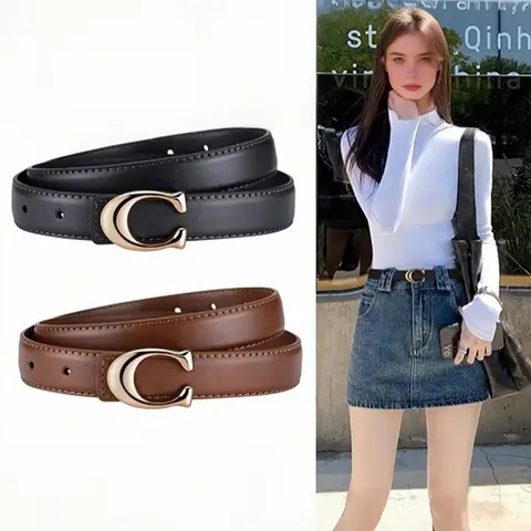2pcs Women's New Fashion Belt, C-Shaped Alloy Buckle Design, Belt With Buckle, Casual Thin Waistband, Skinny Belts, Casual Trendy Waistband, Suitable for Jeans, Suits, Dresses, Versatile Fashion Belt