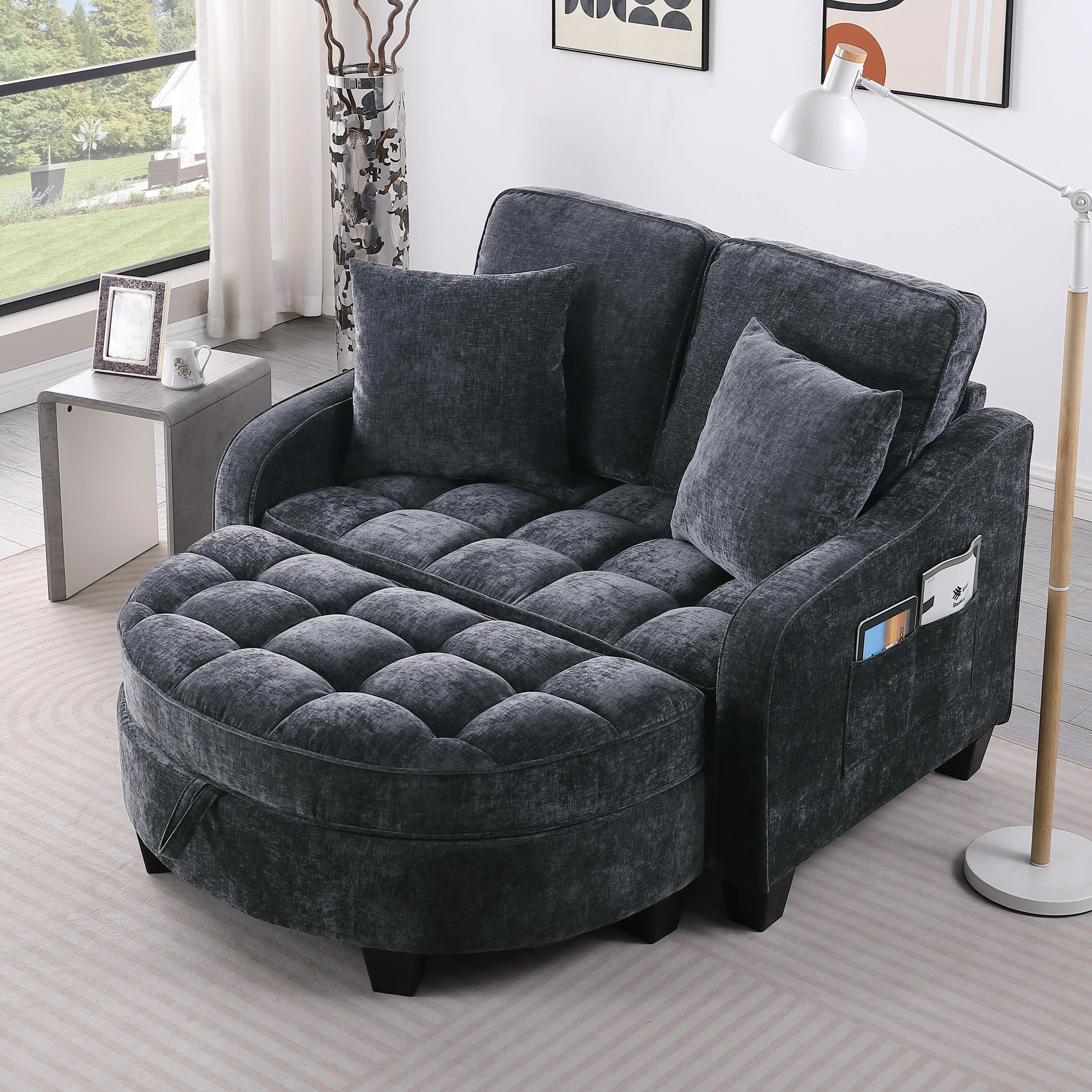ARCH 2-Seat Sofa with Chaise Lounge & Storage Ottoman, Irregular Arms, Foam Cushions, Plush Check Pattern, Living Room Furniture, Black, Includes 2 Throw Pillows