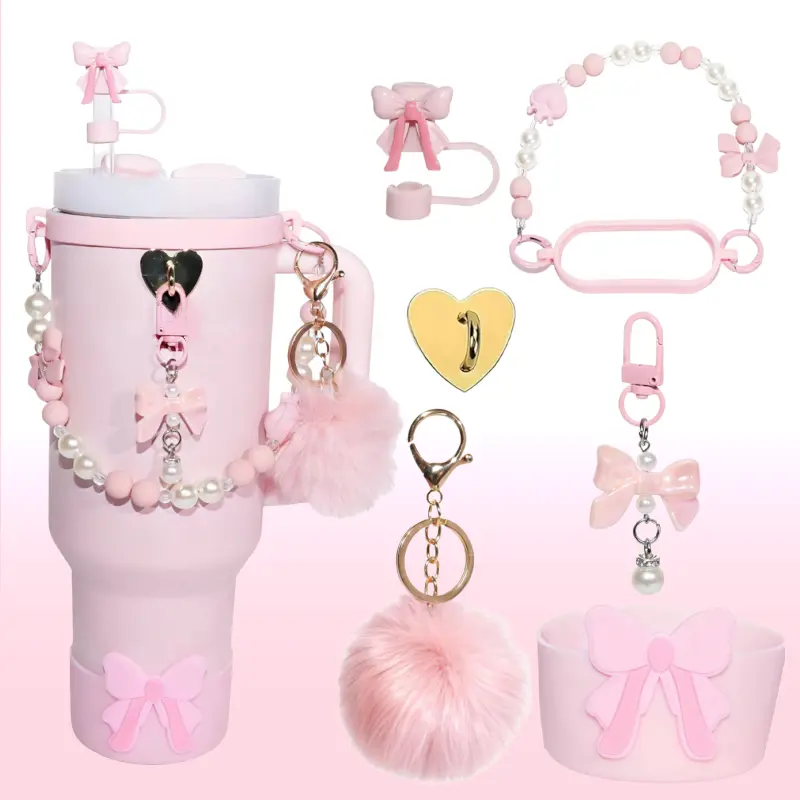 Stainless Steel Portable Vacuum Insulated Tumbler Cup Accessories Set,Bow Straw Cover, Water Bottle Handle Strap, Siliocne Cup Boot, Pearl Charms, Straw Topper for 40oz & 30oz Portable Vacuum Insulated Tumbler Tumbler for Women