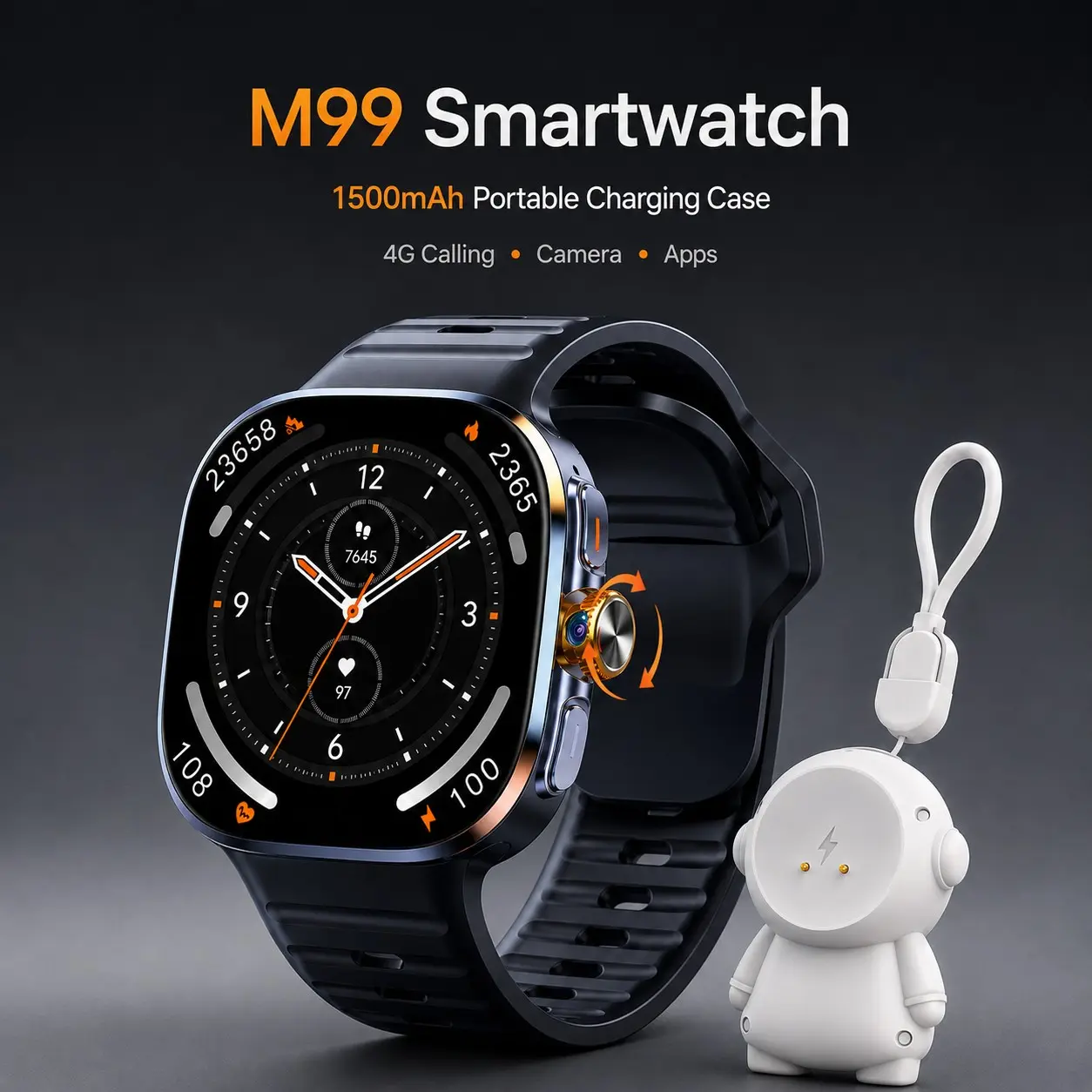 M99 4G Android Smartwatch with 1500mAh Portable Charging Case, Android Smart Watch with Camera, SIM Card Calls, Large Touch Screen, Global standardization 4G Network Supported