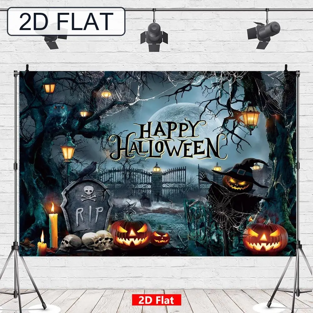 Halloween Party Backdrop, Cemetery Scene with Pumpkin and Reaper, Indoor Outdoor Decor, Perfect for Trick-Or-Treating Photoshoots